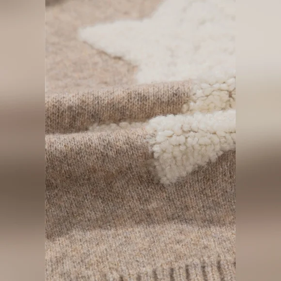 Khaki Sherpa Star Pattern Textured Sweater Cardigan with Pockets - Picture 13 of 16